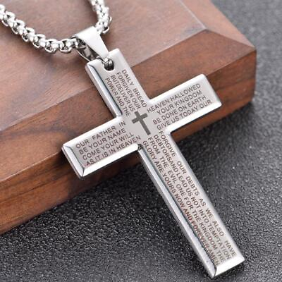 #ad Cross Pendant Necklace for Men Boys Stainless Steel Lord#x27;s Prayer Bible Chain $9.49