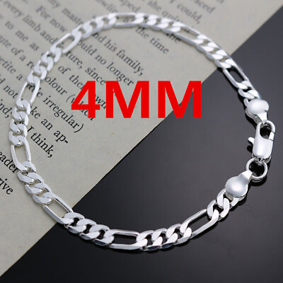 #ad 925 Silver Flat 4MM chain women men Gift bracelet fashion charm jewelry wedding $1.80