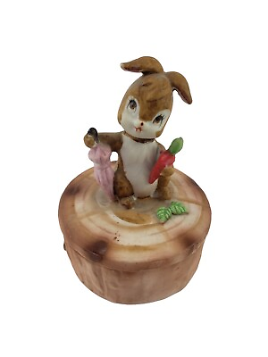 #ad Vintage Rabbit Bunny with Carrot Small Trinket Jewelry Box Figurine #7517 $10.46