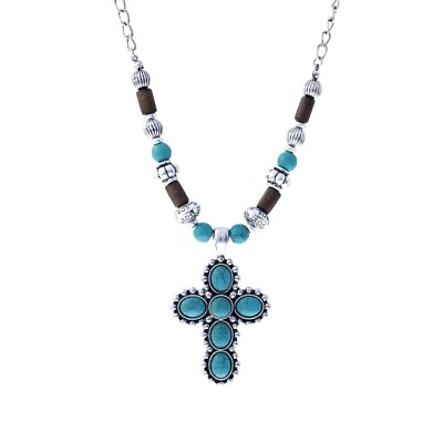 #ad Southwest Turquoise Brushed Silver Finish Necklace Western Cross Necklace $13.95