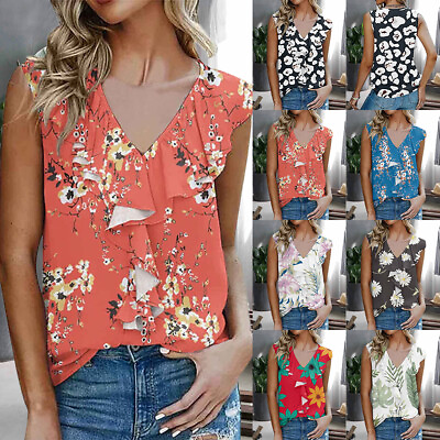 #ad Women Floral Chiffon Sleeveless Tank Tops Summer V Neck Casual Shirt Blouse Tee $16.79