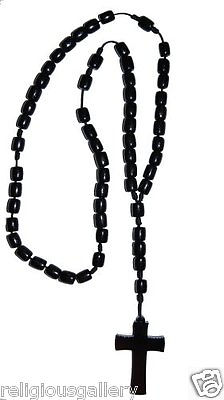 #ad Men#x27;s Solid Black Wood Bead Rosary Cross Catholic Crucifix Necklace Large $19.48
