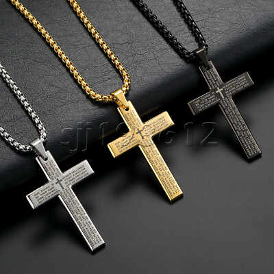 Cross Pendant Necklace for Men Stainless Steel Lord#x27;s Prayer Bible Chain Plated $9.45