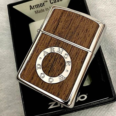 #ad Zippo Armor Ring Design Rosewood Paste Brown Silver Etching Sculpture Lighter $103.99