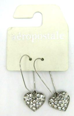 #ad Aeropostale Pave Rhinestones Dangle Heart Silver Tone Earrings 2 1 4quot; L $3.99