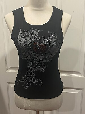 #ad Women Tank Top Shirt Black Glitter Wing Graphic Y2k Sz XL Black w Heart $19.99