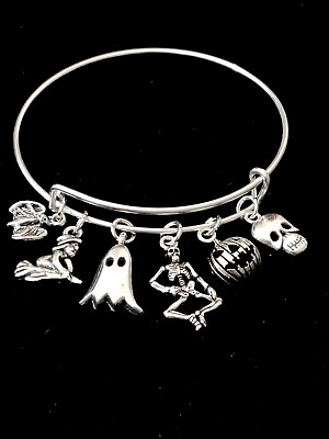 #ad Halloween Witch Pumpkin Ghost Skeleton Bat charm Expandable Bangle Bracelet $4.75