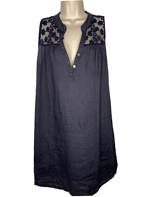 #ad Rosemarine Navy Blue Linen Sleeveless Embroidery Semi Sheer Shift Dress Italy S $30.00