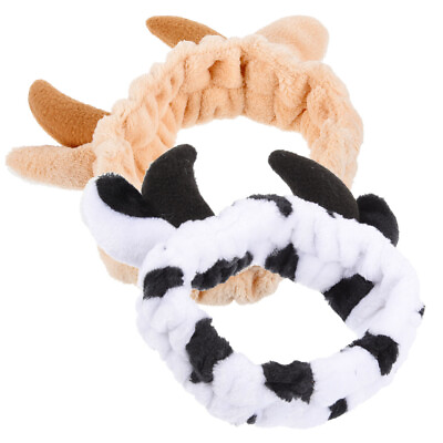 #ad 2pcs Animal Ear Spa Makeup Headband Cow Shaped Plush Head Wraps for Women $10.05