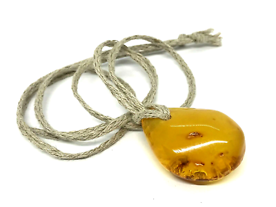 #ad AMBER PENDANT Gift Yellow Baltic Amber Drop Bead Linen Cord Jewelry 136g 16507 $29.97