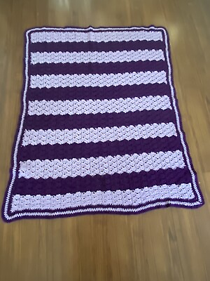 #ad Vintage Crochet Blanket Throw Purple Handmade 36”x 44” $25.00