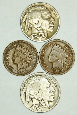 #ad Indian Head Penny Buffalo Head Nickel 4 coin lot $7.90