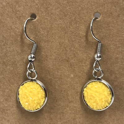 #ad Yellow Sunshine Druzy Earrings Matte Lightweight Faux Stone 1quot; Long SilverTone H $6.89