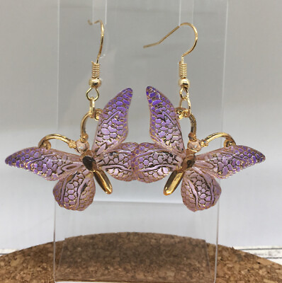 #ad 2” Gold tone Butterfly Acrylic Earring Set Pierced Dangle New Free Ship 4527 $8.92