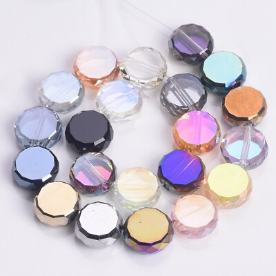 #ad 10pcs 10mm 12mm Colorful Plated Flat Round Faceted Crystal Glass Loose Beads $2.25