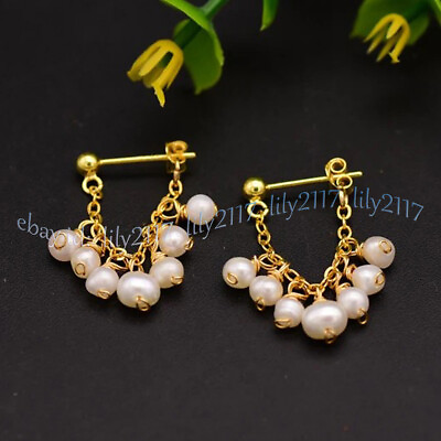 #ad Fine Natural 7 10mm White Freshwater Baroque Pearl Dangle Gold Stud Earrings $10.79