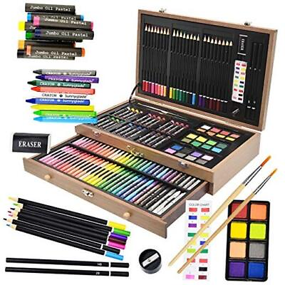 #ad 145 Piece Deluxe Art Set Wooden Art Box amp; Drawing Kit with Crayons Oil Tan $43.86