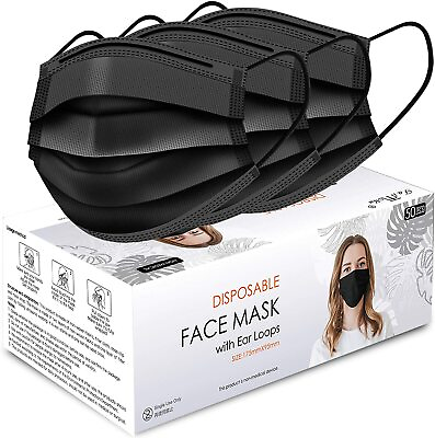 #ad 50 PCS Black Face Mask Mouth amp; Nose Protector Respirator Disposable Masks $10.99