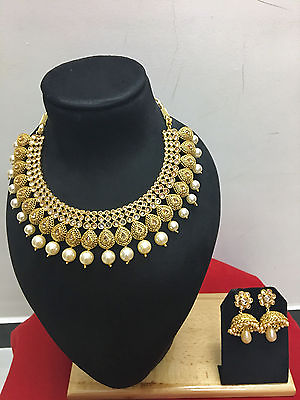 Indian Ethnic Bollywood Gold Plated Pearl Fashion Jewelry Gold Necklace Set $38.49
