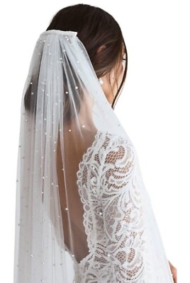 #ad Bridal Wedding Veil White Fingertip Length Tulle Pearl Studs Silver Plated Comb $19.74
