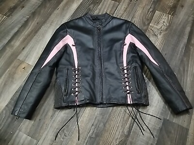 #ad Womens Size Small Black And Pink Leather Motorcycle Jacket Meshlined Corset $70.00