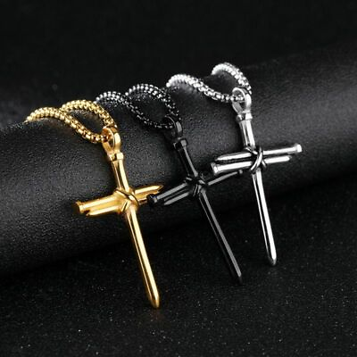 Cross Necklace Men Punk Nail Styling Pendant Black Gold Silver Goth Religious $14.07