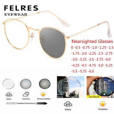 #ad Unisex Round Metal Photochromic Myopia Nearsighted Glasses Full Frame Sunglasses $7.39