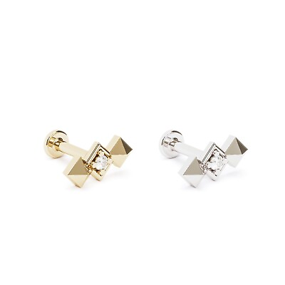 #ad 14K REAL Solid Gold 0.01 ct. Diamond Pyramid Stud Helix Cartilage Conch Earring $149.00