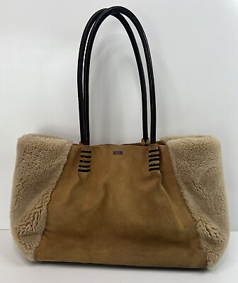 #ad UGG Heritage Shearling Tote Chestnut Suede Leather Wool Magnet Snap Lined Bag $38.00