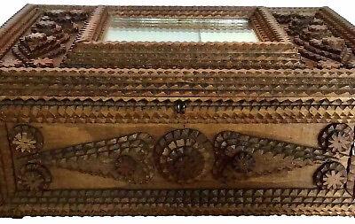 #ad Substantial Tramp Art Box Antique Finely Crafted Hearts Stars Mirror On Top $475.00