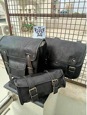 #ad REAL Genuine Leather Motorcycle Saddle Bag Black Side Bags Saddle Bags 3 $57.95