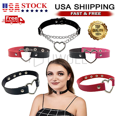 Leather Choker Necklace Adjustable Heart Chain Neck Collar Gothic Punk Gift $3.61