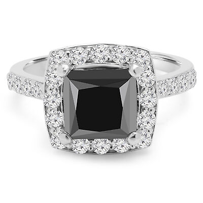 #ad 3.6 CT Princess AAA Black Diamond Halo Engagement Ring 14K White Gold $3549.00