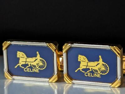 #ad CELINE authentic cufflinks blue silver gold carriage logo with tag unused men#x27;s $270.94