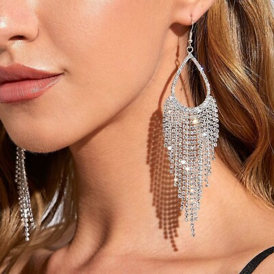 #ad Bohemian Tassel Shiny Long Rhinestone encrusted Earrings Long $89.00