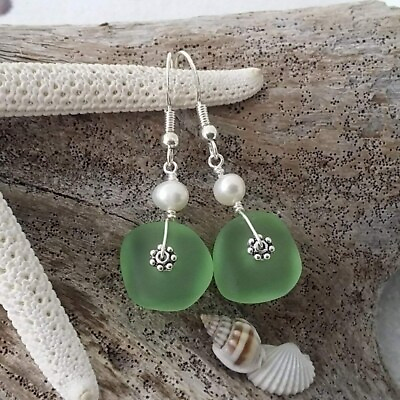 #ad Hawaiian Jewelry Sea Glass Earrings Light Weight Peridot Green Earrings Pearl $32.98