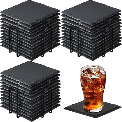 #ad 36 Pieces Black Slate Coasters Bulk with Holder Square Stone Coasters for Drinks $44.70