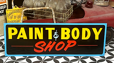 #ad PAINT amp; BODY Auto Repair Garage Car Truck Shop Hotrod Hand Painted Sign Art blk $125.00