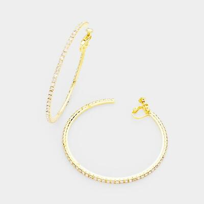 #ad Beautiful clip on 2 1 2quot; gold amp; clear stone open back hoop earrings $11.69