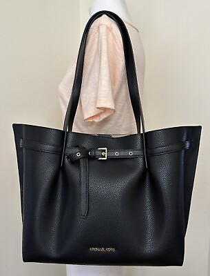 MICHAEL KORS Emilia Large Black Pebbled Leather Shoulder Tote Bag $116.98