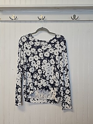 #ad Sundry Anthropologie Sweater Top Womens Large Floral White Blue Knit Pullover $24.95