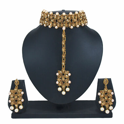 Indian Bollywood Ethnic Golden Kundan Choker Necklace Earrings Tikka Jewelry Set $11.20