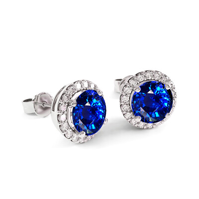 #ad Lab Created Sapphire amp;White Topaz Halo Stud Earrings 925 Stamped Sterling Silver $9.99