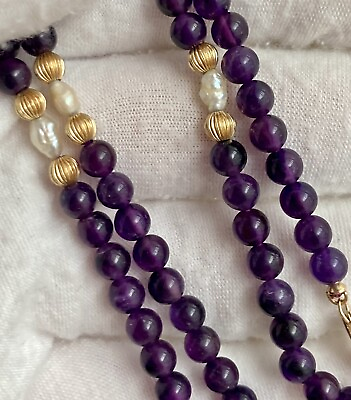 #ad 14k Amethyst Bead Pearl Gold Ball 16” Necklace 5mm Classy Ladies Teens Fine $115.00