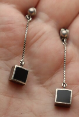 #ad Sterling Onyx Earrings Dangle Chain Squares Marked b $42.00
