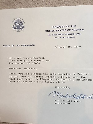 #ad U.S.Ambassador Greece To U.S L.K. McGrath ORIGINAL TYPED amp; signed Letter 1990 $20.00