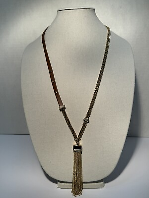 #ad White House Black Market Gold Tone Fringe Leather Long Costume Necklace NWT $25.00