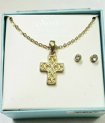 #ad Vintage Cross Necklace with Austrian Crystal Earrings 18quot; Goldtone $9.99
