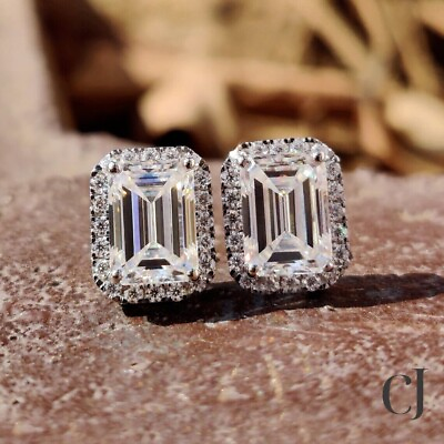 #ad Moissanite Wedding Earrings Emerald Cut 3 CT Halo Solid 14K White Gold For Gift $245.93