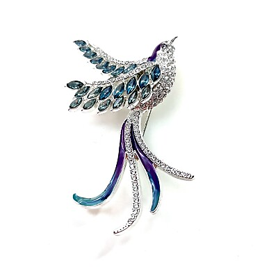 #ad Vintage Swallow Bird Brooch Pin Silver Tone Teal Purple Enamel Pave Crystals $12.00